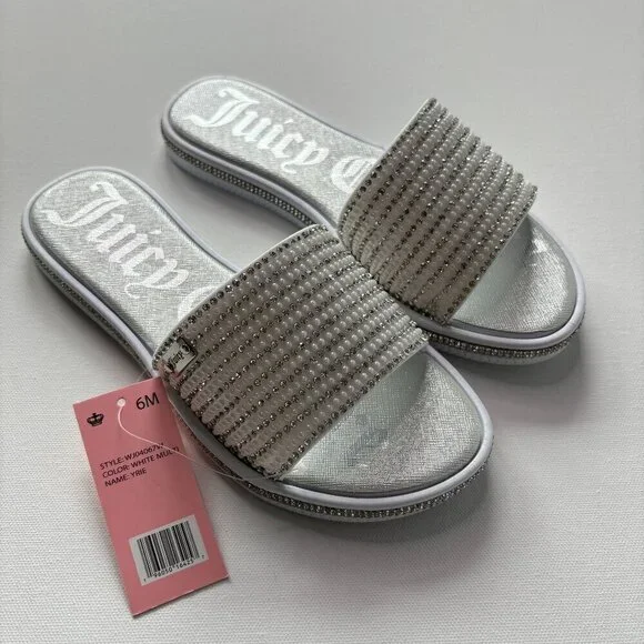 Juicy Couture Women's Yrie White Rhinestone Slides - Picture 1 of 13